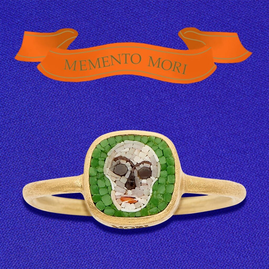 Teschio Ring top view on a blue background with orange banner