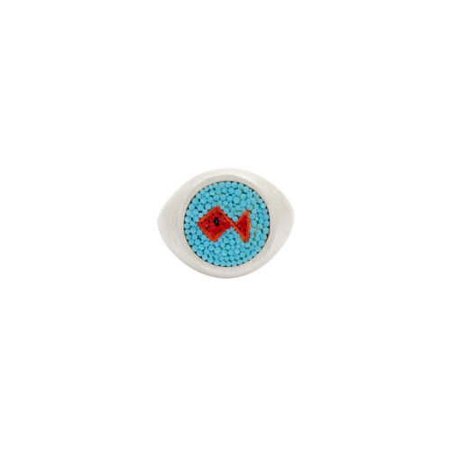 Pesce, A genderless chevalier ring with adjustable size, Roman Minute Mosaic and satin-finished 925 Silver